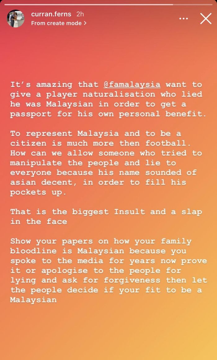 Unggahan Curran Ferns terkait penipuan pemain naturalisasi Malaysia (7/2/2022). 