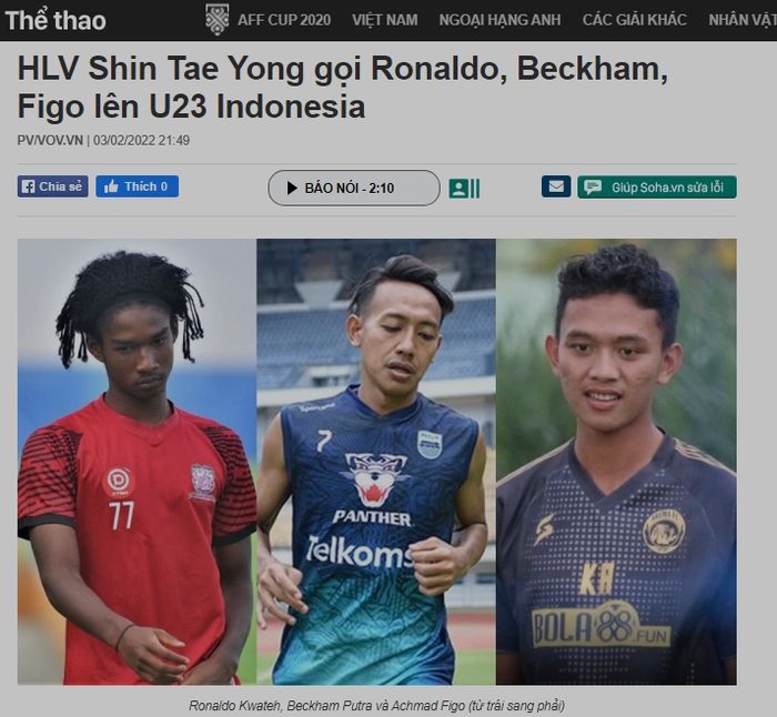 Media Vietnam yang mengomentari pemanggilan Ronaldo Kwateh, Beckham Putra, dan Achmad Figo. 