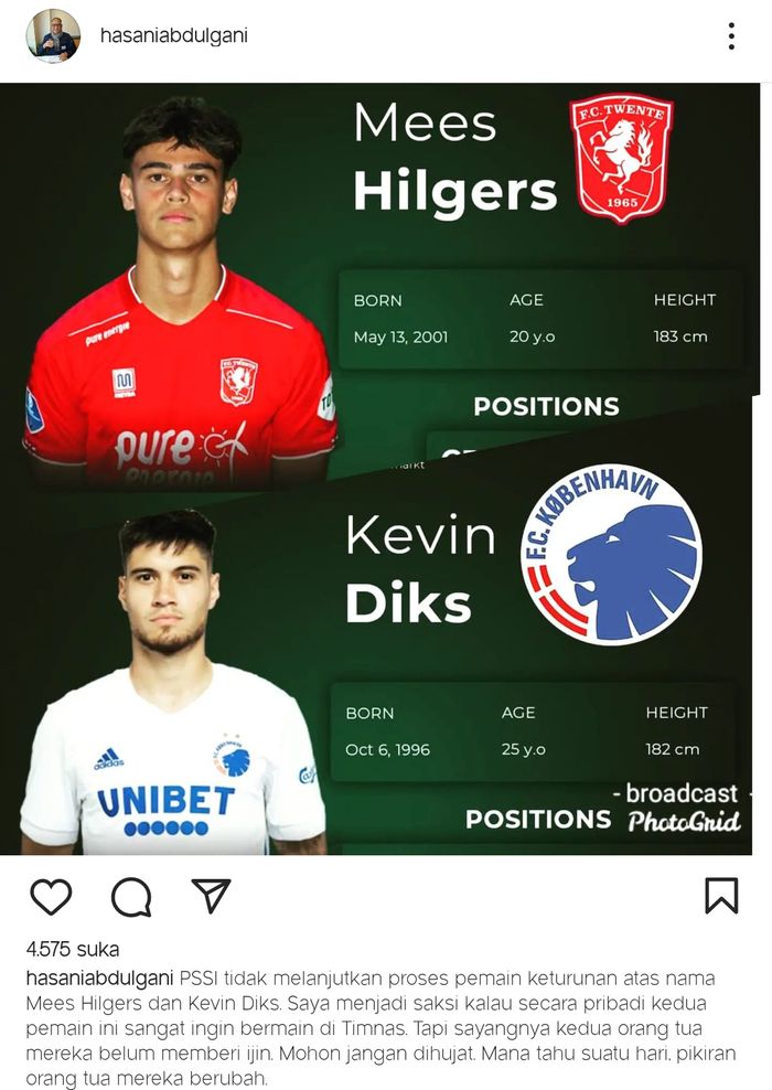 Unggahan instagram HasanI Abdulgani terkait proses naturalisasi Mees Hilgers dan Kevin Diks yang tidak dilanjutkan PSSI.