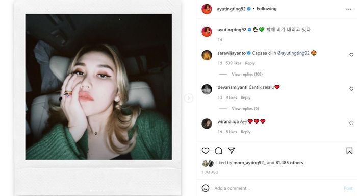 Ayu Ting Ting unggah foto selfie dirinya