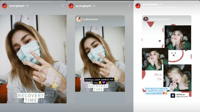 Kolase postingan Instagram Stories Ayu Ting Ting sedang diinfus dan banjir doa dari sahabat.