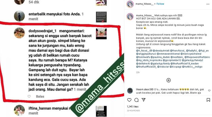 Unggahan akun @mamahitssss_ tentang komentar yang diduga ditulis oleh Doddy Sudrajat.