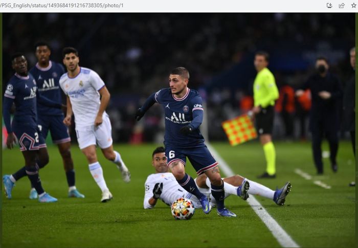 Aksi gelandang Paris Saint-Germain, Marco Verratti, saat melawan Real Madrid pada laga leg pertama babak 16 besar Liga Champions 2021-2022 di Stadion Parc des Princes, Selasa (15/2/2022).