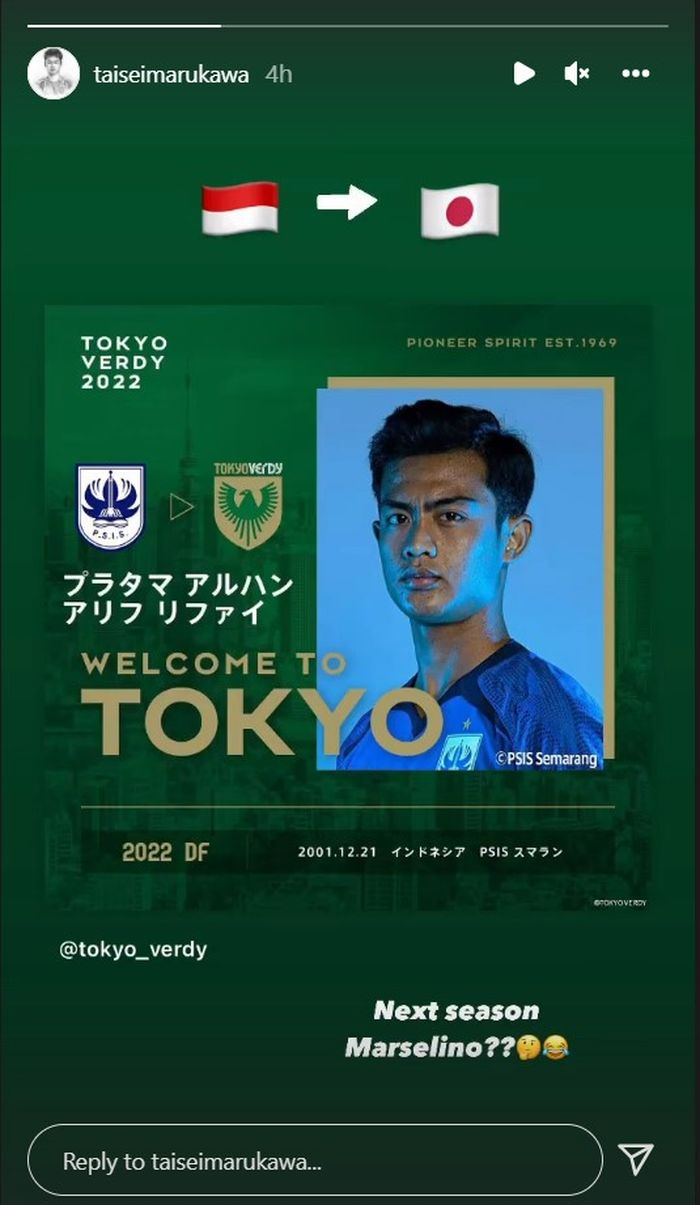 Tangkapan layar story pemain Persebaya Surabaya, Taisei Marukawa tentang kepindahan Pratama Arhan, Selasa (15/2/2022).