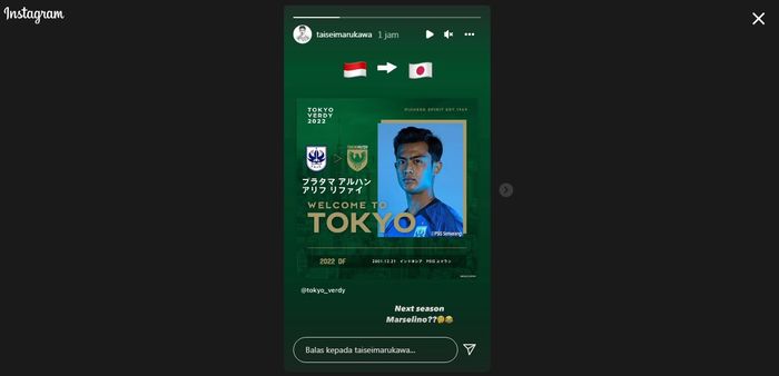 Tangkapan layar instagram story Taisei Marukawa