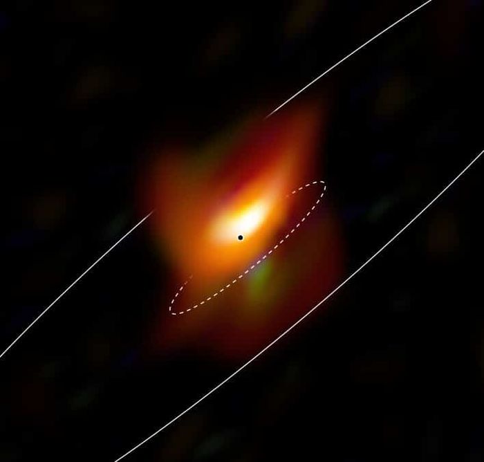 Gambar ini, diambil dengan instrumen MATISSE pada Interferometer Teleskop Sangat Besar ESO, menunjukkan wilayah terdalam dari galaksi aktif Messier 77. Inti galaksi aktif adalah sumber yang sangat energik yang ditenagai oleh lubang hitam supermasif. Dengan melakukan pengamatan yang luar biasa rinci dari pusat aktif galaksi ini, tim astronom mendeteksi cincin tebal debu kosmik dan gas yang menyembunyikan lubang hitam supermasif. Titik hitam menunjukkan posisi lubang hitam yang paling mungkin, sedangkan dua elips menunjukkan sejauh mana, terlihat dalam proyeksi, cincin debu bagian dalam yang tebal (putus-putus) dan cakram debu yang memanjang.