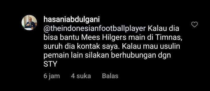 Anggota Komite Eksekutif PSSI, Hasani Abdulgani, nampaknya masih mengharapkan kehadiran Mees Hilgers di timnas Indonesia.