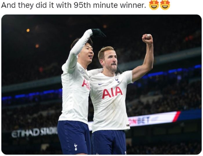 Selebrasi kemenangan Son Heung-min dan Harry Kane pada laga Manchester City melawan  Tottenham Hotspur di Liga Inggris, Sabtu (19/2/2022) atau Minggu dini hari WIB
