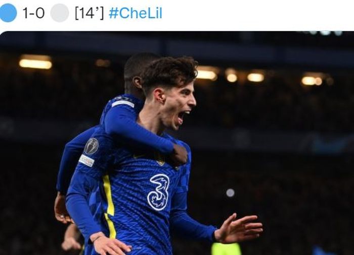 Penyerang Chelsea, Kai Havertz, merayakan gol ke gawang Lille dalam laga leg pertama babak 16 besar Liga Champions di Stadion Stamford Bridge, Selasa (22/2/2022).