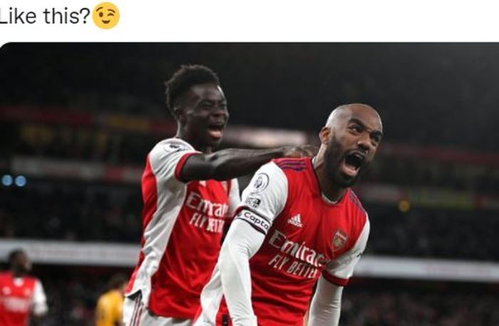 Striker Arsenal, Alexandre Lacazette, merayakan gol ke gawang Wolverhampton Wanderers dalam laga Liga Inggris di Stadion Emirates, Kamis (24/2/2022).