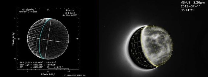 Sistem georeferensi yang digunakan dalam pengamatan Venus dari tanah, sistem yang sama digunakan oleh wahana antariksa yang mengorbit Venus. Di sebelah kanan, sistem ini diterapkan pada pengamatan sisi malam Venus (sisi siang di sebelah kiri ditutupi dengan warna hitam). Sistem ini memungkinkan setiap piksel gambar diberi garis lintang dan garis bujur dengan presisi tinggi.