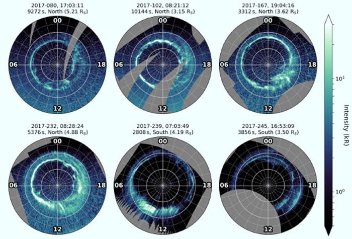 Pilihan pemandangan penuh oval aurora utara dan selatan diperoleh selama fase misi Grand Finale Cassini. Gambar diurutkan berdasarkan waktu pengamatannya.