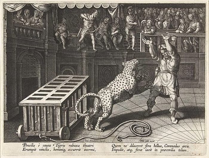 Ilustrasi Kaisar Commodus membunuh macan tutul di arena gladiator.