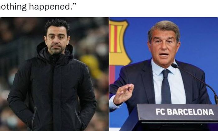 Pelatih Barcelona, Xavi Hernandez, dan Presiden Barcelona, Joan Laporta.