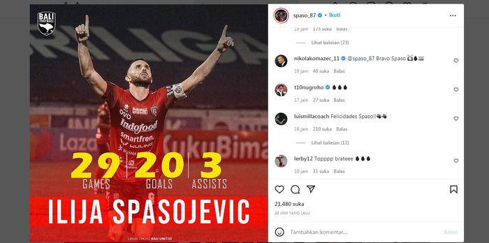 Komentar eks pelatih timnas Indonesia, Luis Milla, di postingan Instagram Ilija Spasojevic