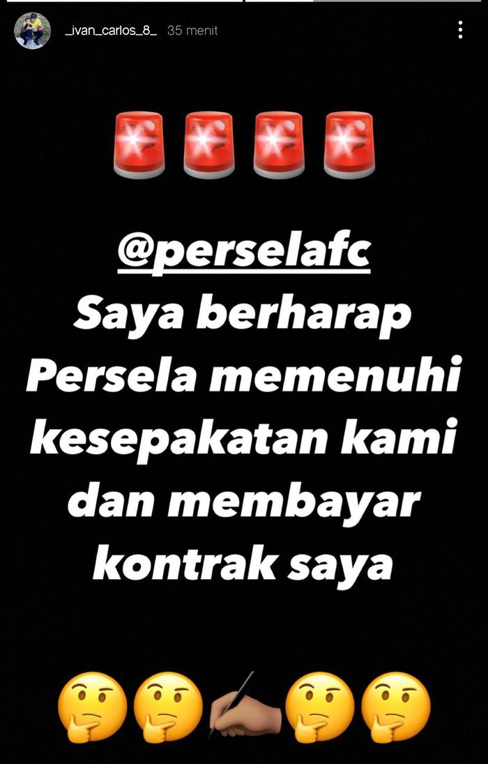 tangkapan layar unggahan instagram mantan pemain Persela Lamongan, Ivan Carlos