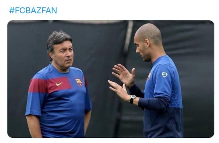 Pep Guardiola (kanan) dengan Domenec Torrent saat masih sama-sama di Barcelona.