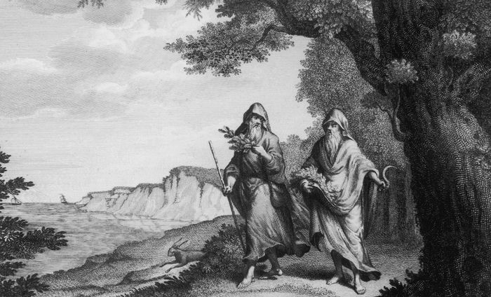 Ilustrasi abad ke-18, Dua Druid berjalan di pedesaan Inggris, ukiran abad ke-18.