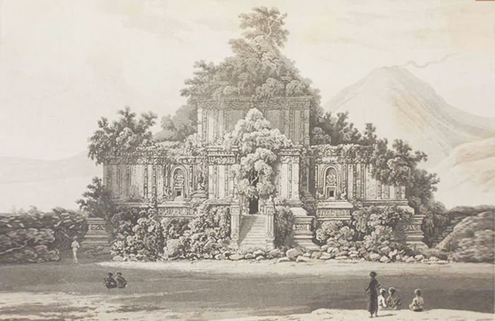 Lukisan karya William Daniell berjudul, 'Candi Besar di Brambánan', dari buku karya Raffles, The History of Java Vol. 2. Sir Stamford Raffles memerintahkan C. Mackenzie dan G. Baker untuk melakukan survei dan deskripsi atas kekunaan di Candi Prambanan sejak 1816.