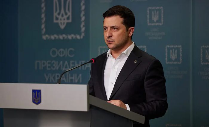 Presiden Ukraina Volodymyr Zelensky dalam pidatonya.
