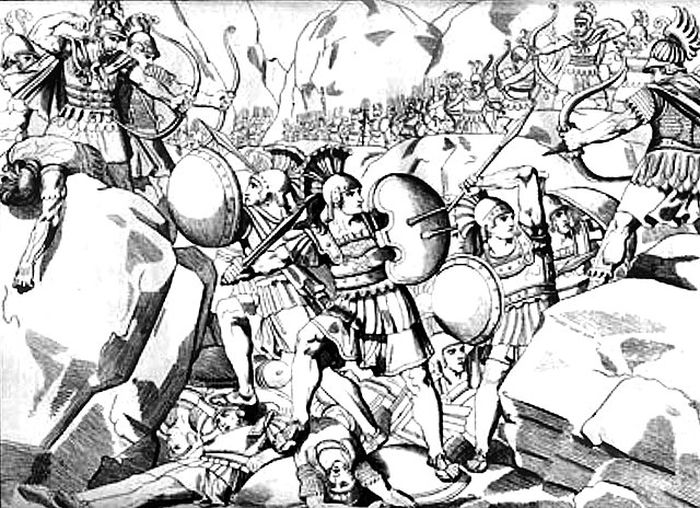 Ilustrasi Pertempuran Thermopylae antara tentara Yunani melawan pasukan Persia.