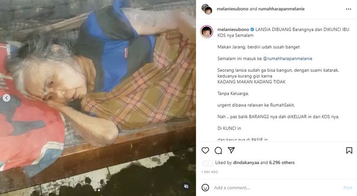 Postingan Melanie Subono tentang pasangan lansia di Makassar yang diusir ibu kos.