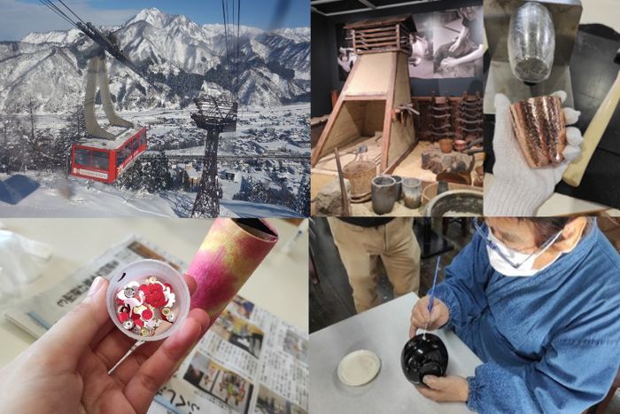 Pemandangan dari atas Yuzawa Kogen Ropeway (kiri atas), menghias Gelas Tembaga di Tsubame Industrial Material Museum (kanan atas). Membuat Kaleidoskop dengan Kertas Washi (kiri bawah), Aizu Lacquerware Art Work Experience (kanan bawah).