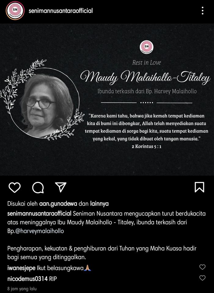 Ibunda Harvey Malaihollo, Maudy Malaihollo - Titaley meninggal dunia.
