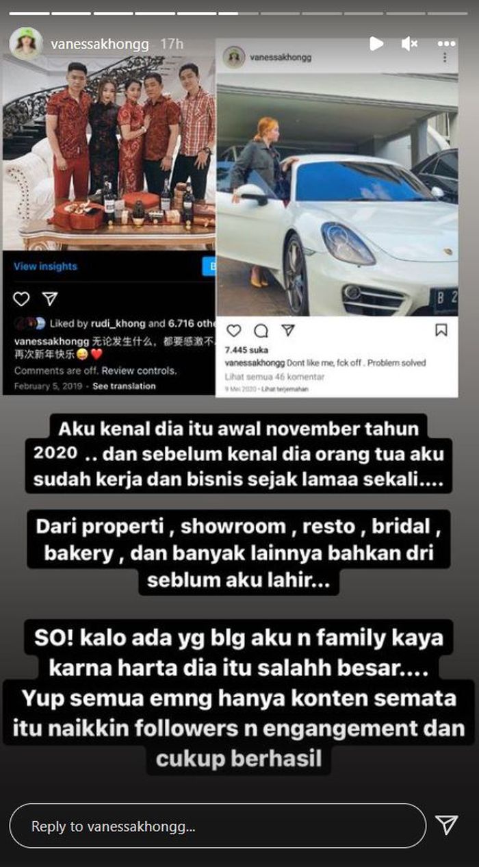 Vanessa Khong bantah keluarganya numpang hidup kaya dari Indra Kenz.