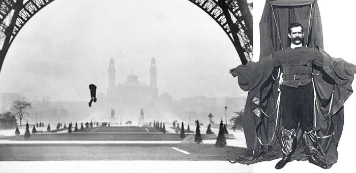 Franz Reichelt dalam setelan parasutnya dan lompatan tragisnya dari Menara Eiffel.