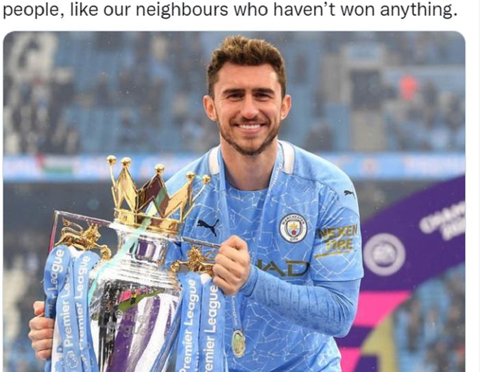 Aymeric Laporte ketika menjuarai Liga Inggris 2020-2021 bersama Manchester City.