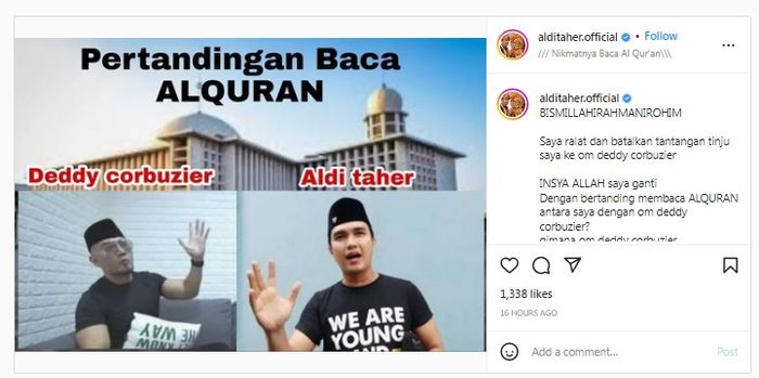 Aldi Taher tantang Deddy Corbuzier baca Al Quran.