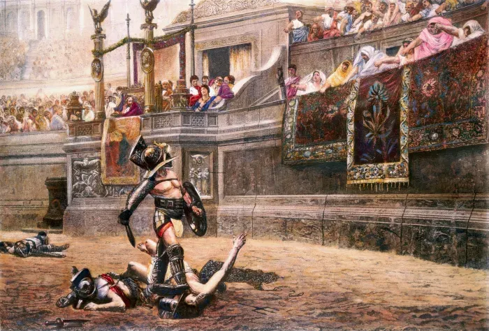 Ilustrasi momen dramatis ketika gladiator yang jatuh mengangkat dua jari sebagai isyarat untuk meminta belas kasihan.