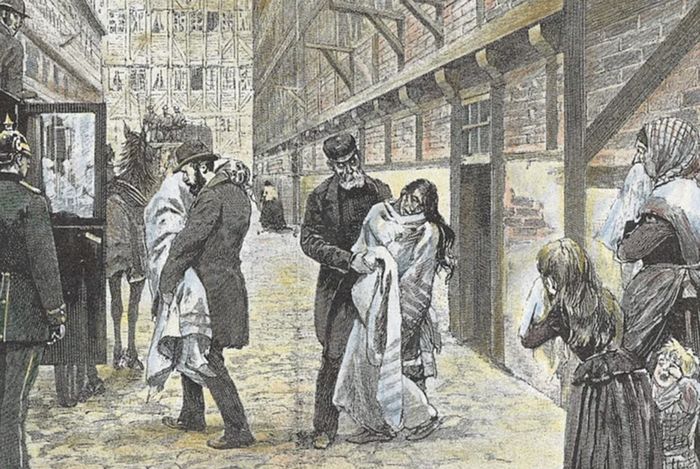 Ilustrasi yang menunjukkan pasien dibawa ke rumah sakit selama wabah kolera di Hamburg tahun 1892.
