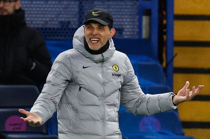 Reaksi Thomas Tuchel dalam duel Liga Champions antara Chelsea vs Real Madrid di Stamford Bridge, London (6/4/2022).