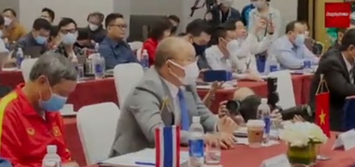 Park Hang-seo dalam acara undian SEA Games 2021 yang mempertemukan Vietnam dan Indonesia (6/4/2022). 