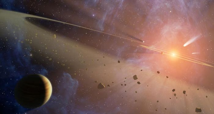 Konsepsi seniman ini menunjukkan eksokomet dalam sistem planet muda.