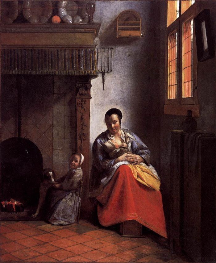 Lukisan yang berkisah tentang seorang perempuan bersama anak-anaknya di dalam rumah karya Pieter de Hooch (1629–1684 ).