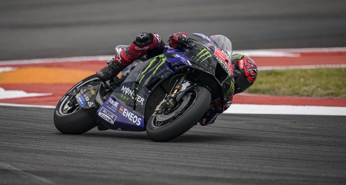 Aksi pembalap Monster Energy Yamaha, Fabio Quartararo, pada balapan seri ketiga MotoGP Ameicas di Sirkuit Americas, Texas, Amerika Serikat, 10 April 2022.