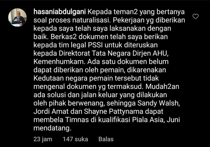 Anggota Komite Eksekutif (Exco) PSSI, Hasani Abdulgani, membeberkan kabar terkini proses naturalisasi pada 20 April 2022.