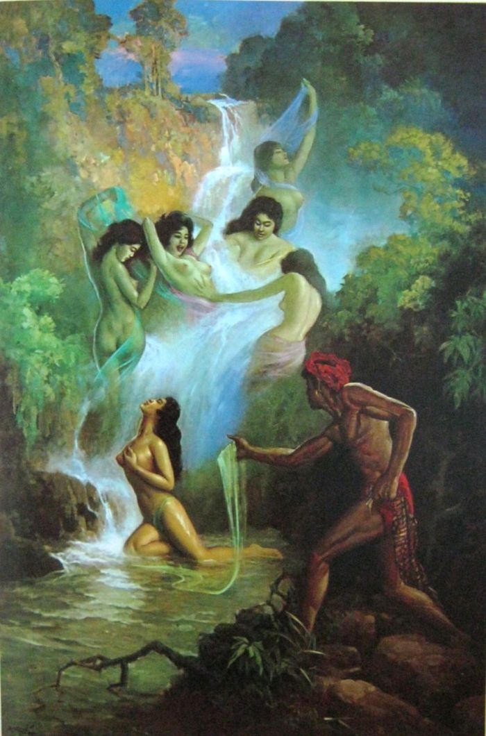 Lukisan bertajuk 'Jaka Tarub' karya Basuki Abdullah. Tampak adegan Jaka Tarub sedang mencuri busana milik salah satu bidadari yang sedang mandi, Dewi Nawang Wulan.