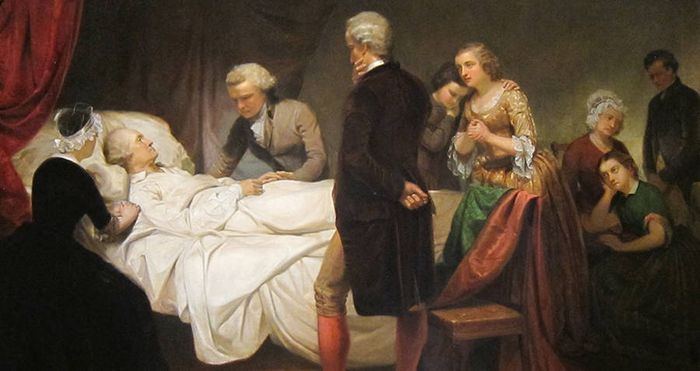 George Washington di ranjang kematiannya pada tahun 1799.