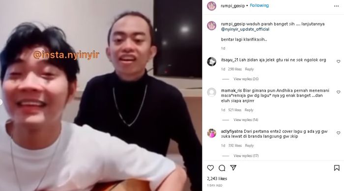 Unggahan akun Instagram @rumpi_gosip mengenai video Tri Suaka dan Zidnidin Zidan yang diduga menghina Andhika Mahesa.