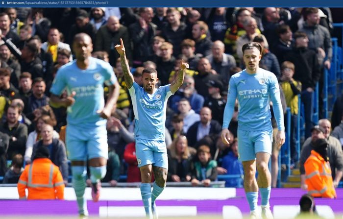 Gabriel Jesus memborong dua gol dan satu assist saat Manchester City bermain melawan Watford di babak pertama pekan ke-34 Liga Inggris 2021-2022.