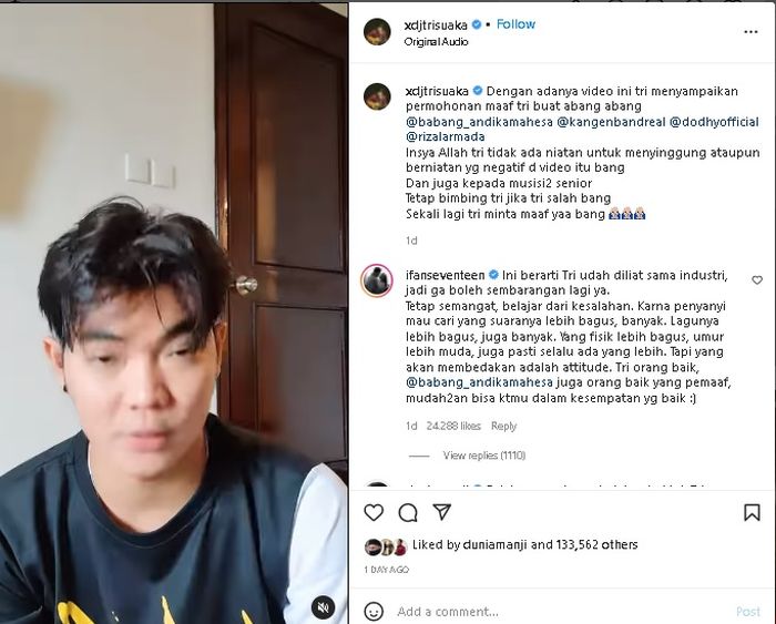 Tri Suaka meminta maaf kepada Andika Kangen Band usai memparodikan lagu Penantian yang Tertunda milik Babang Tamvan.