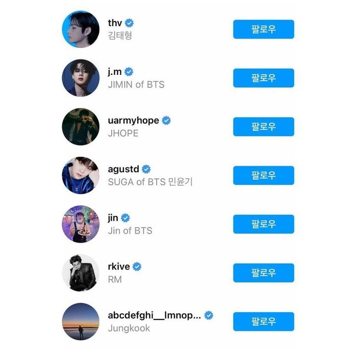 Username serta bio Instagram masing-masing anggota BTS saat pertama kali membuka akun Instagram.
