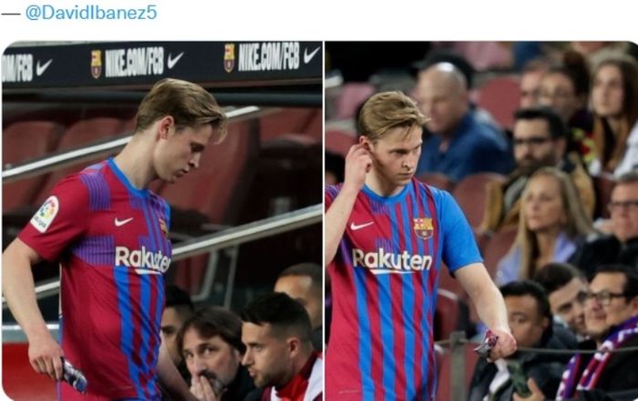 Ekspresi Frenkie de Jong usai ditarik keluar oleh Xavi dalam laga Barcelona vs Rayo Vallecano.