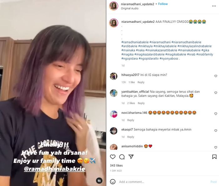 Nia Ramadhani tampak semringah karena akhirnya bebas dan bisa menjalani family time.