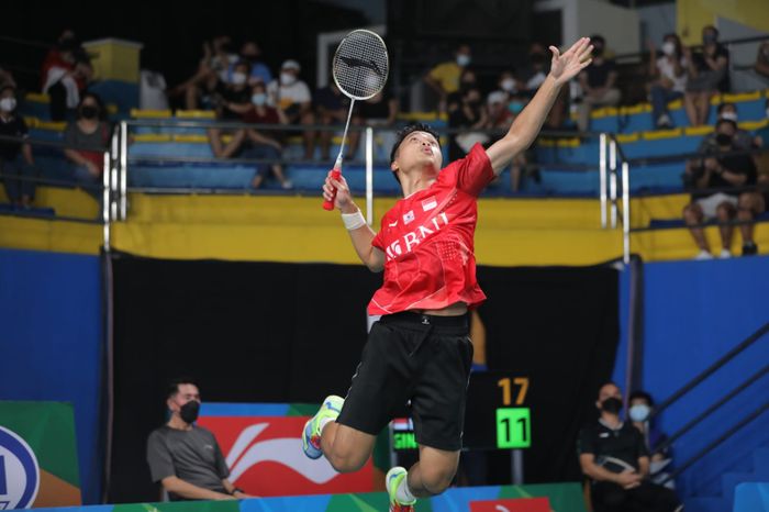 Aksi Anthony Sinisuka Ginting pada babak perempat final Kejuaraan Asia 2022, Jumat (29/4/2022)