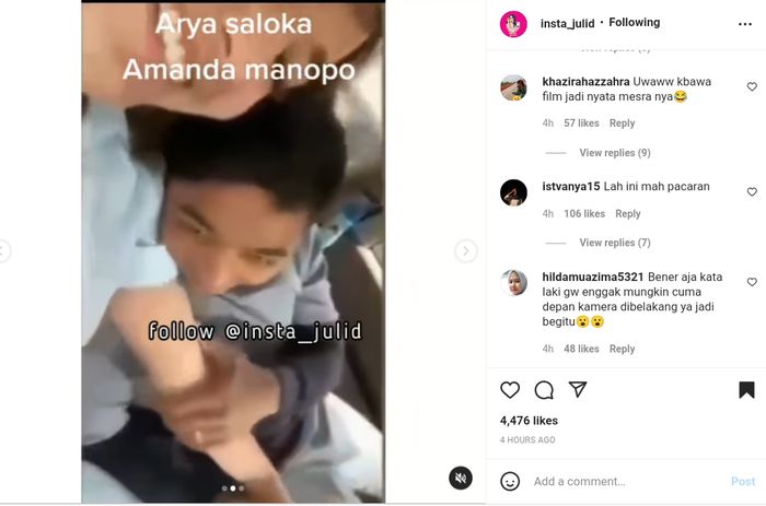 Viral video Amanda Manopo dan Arya Saloka mesra-mesraan manja di mobil.